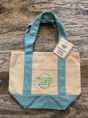 trader joe’s mini Pastel Canvas Tote Bag - Cream with Light Blue Accents
